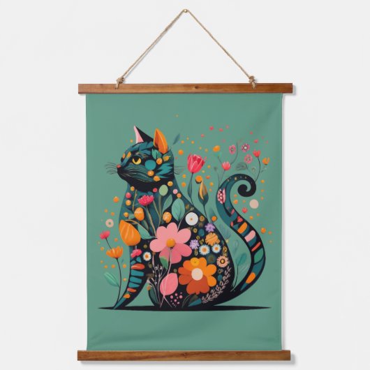 花で作った黒猫シルエットカラフル 吊り下げ型タペストリー (正面)