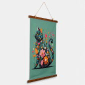 花で作った黒猫シルエットカラフル 吊り下げ型タペストリー (傾斜あり)