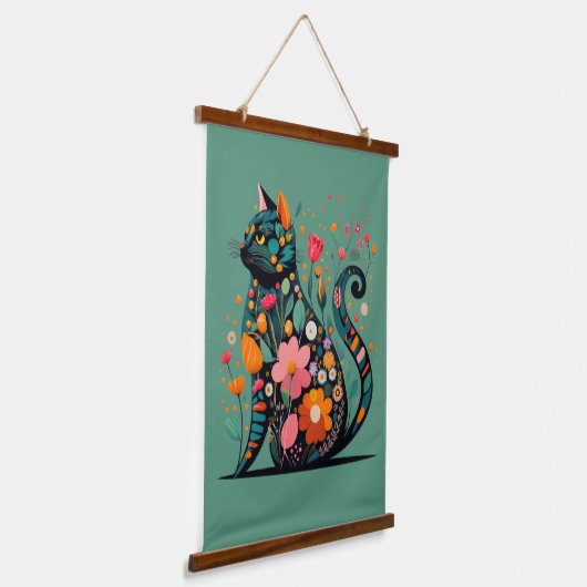花で作った黒猫シルエットカラフル 吊り下げ型タペストリー (傾斜あり)