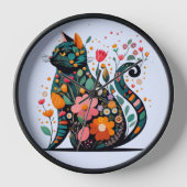花で作った黒猫シルエットカラフル 壁時計 (正面)