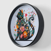 花で作った黒猫シルエットカラフル 壁時計 (傾斜)