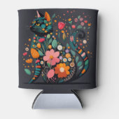 花で作った黒猫シルエットカラフル 缶クーラー (正面)