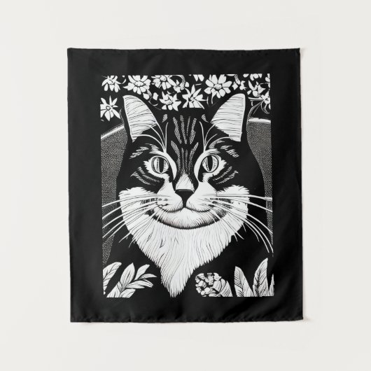 花で囲まれたタビー猫 タペストリー (正面)
