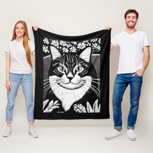 花で囲まれたタビー猫 フリースブランケット (インサイチュ)