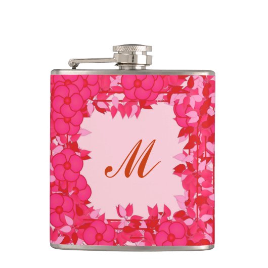 花で囲まれたモノグラム – 明るい赤紫色とピンク フラスク (正面)