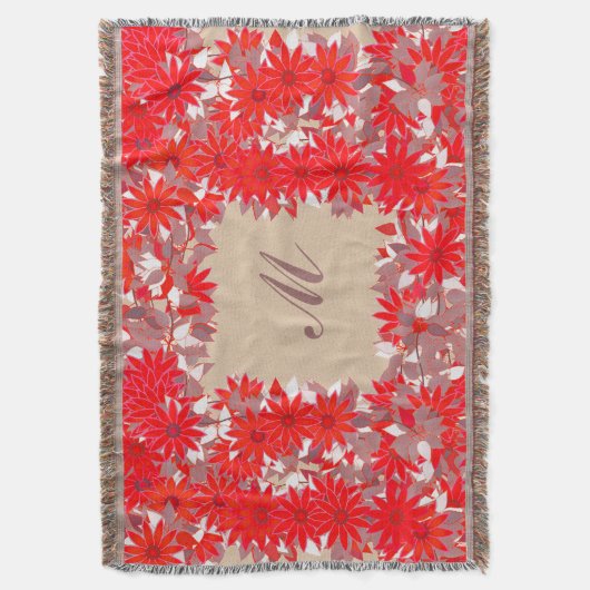 花で囲まれたモノグラム – 赤とトープ スローブランケット (正面縦)