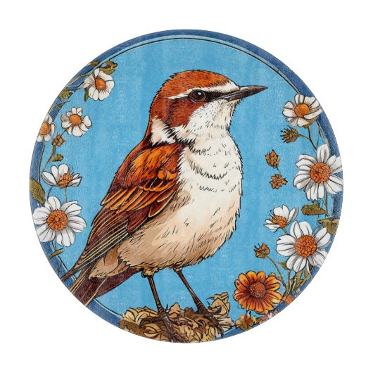 花で囲まれた鮮やか鳥 カッティングボード (正面)