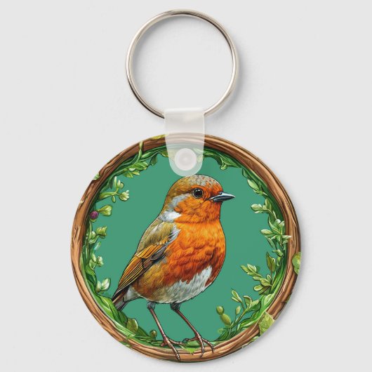 花で囲まれた鮮やか鳥 キーホルダー (正面)