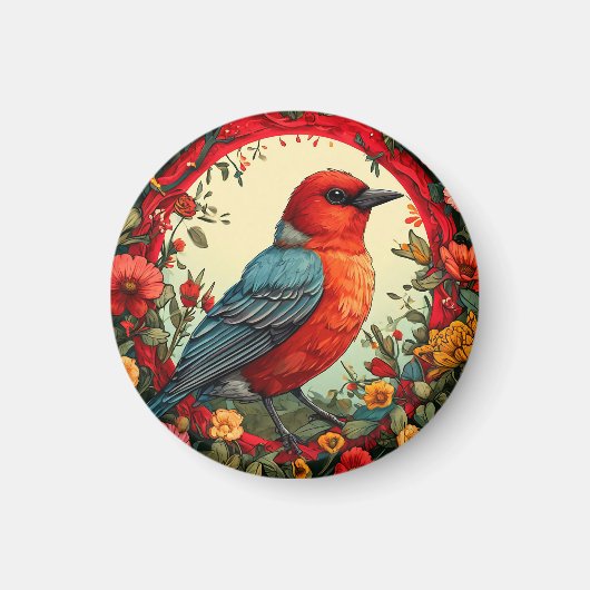 花で囲まれた鮮やか鳥 マグネット (正面)