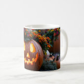 花で彫られたハロウィン飾カボチャ コーヒーマグカップ (正面右)