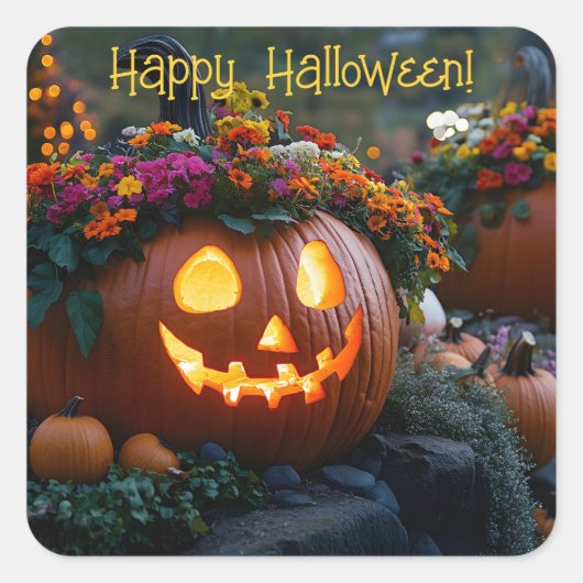 花で彫られたハロウィン飾カボチャ スクエアシール (正面)
