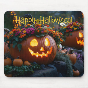 花で彫られたハロウィン飾カボチャ マウスパッド