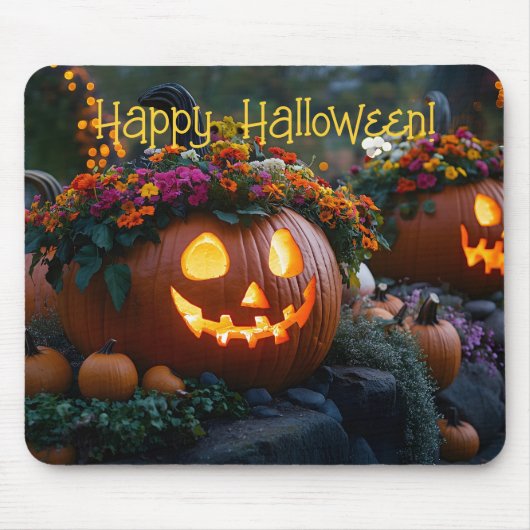 花で彫られたハロウィン飾カボチャ マウスパッド (正面)