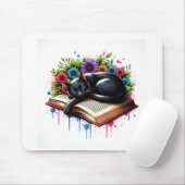 花で本に眠る黒猫 マウスパッド (マウス)