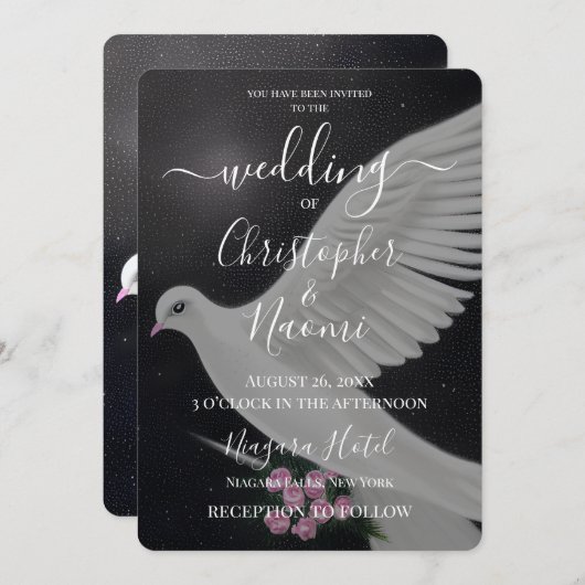 花で自分の白結婚い鳩を作る 招待状 (正面/裏面)