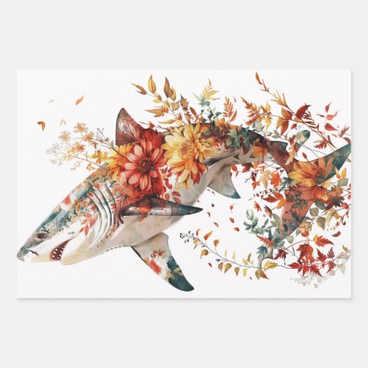 花で覆われたサメが切り離される ラッピングペーパーシート (正面3)