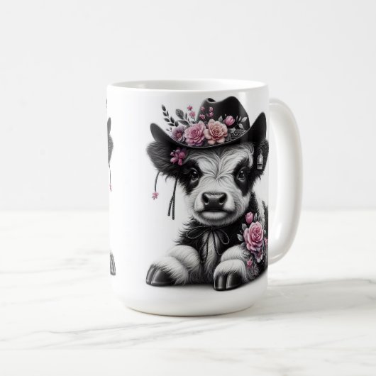 花で飾ったかわいい子牛の帽子 コーヒーマグカップ (正面右)