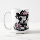 花で飾ったかわいい子牛の帽子 コーヒーマグカップ (左)