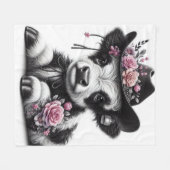 花で飾ったかわいい子牛の帽子 フリースブランケット (正面(横))