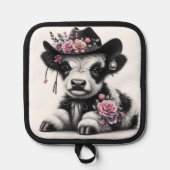 花で飾ったかわいい子牛の帽子 鍋敷き (正面)