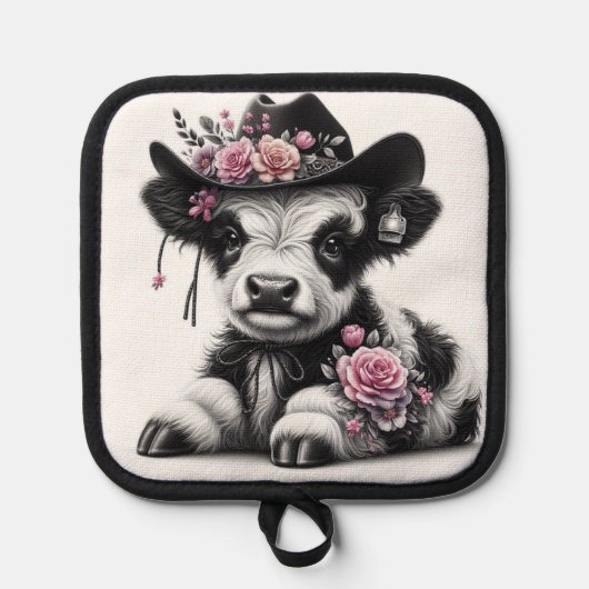 花で飾ったかわいい子牛の帽子 鍋敷き (正面)