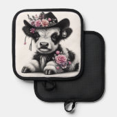 花で飾ったかわいい子牛の帽子 鍋敷き (正面/裏面)