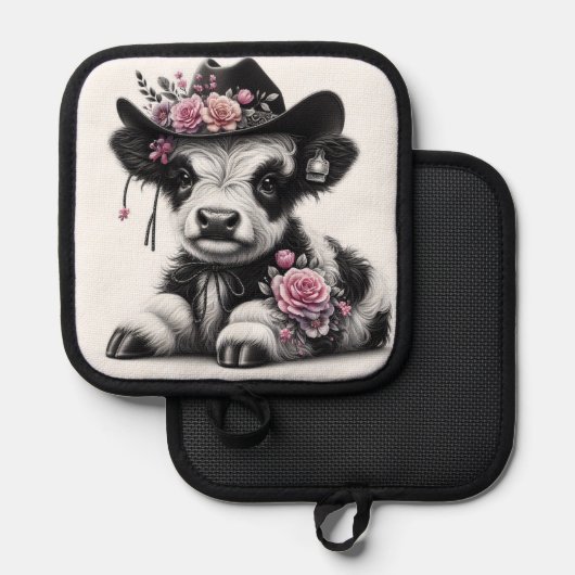 花で飾ったかわいい子牛の帽子 鍋敷き (正面/裏面)