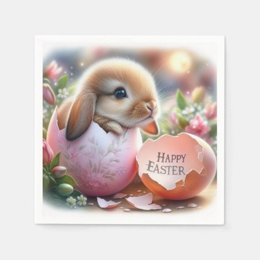 花で飾った卵の中のバニー スタンダードカクテルナプキン (正面)