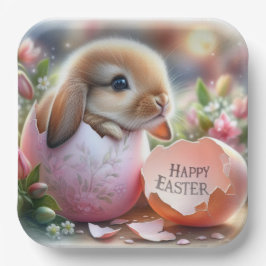 花で飾った卵の中のバニー ペーパープレート