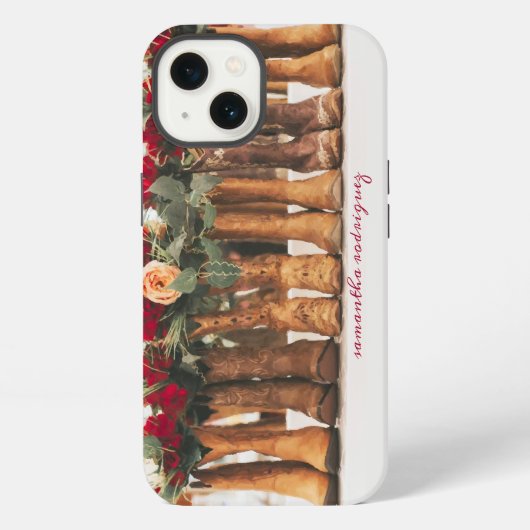 花で飾られたブーツの列 iPhoneケース (裏面)