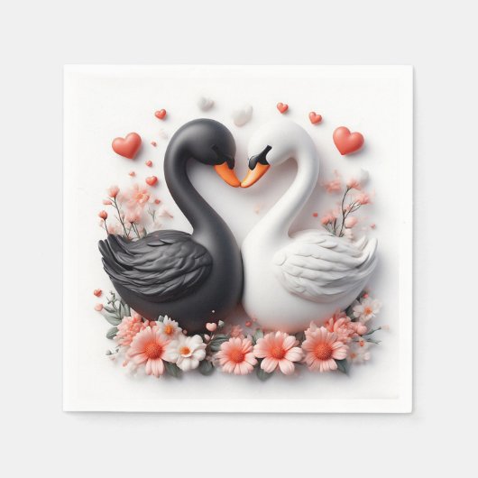花で飾られたロマンティックな白鳥 スタンダードカクテルナプキン (正面)