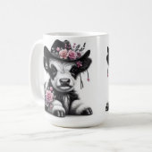 花で飾られた帽子をかぶったかわいい子牛 コーヒーマグカップ (正面左)
