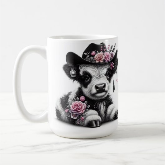 花で飾られた帽子をかぶったかわいい子牛 コーヒーマグカップ (左)