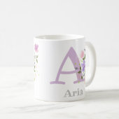 花とともに書かれたイニシャルと名前のAria コーヒーマグカップ (正面右)