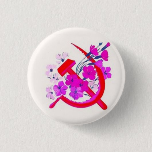 花とのハンマー及び鎌のピンク 缶バッジ (正面)