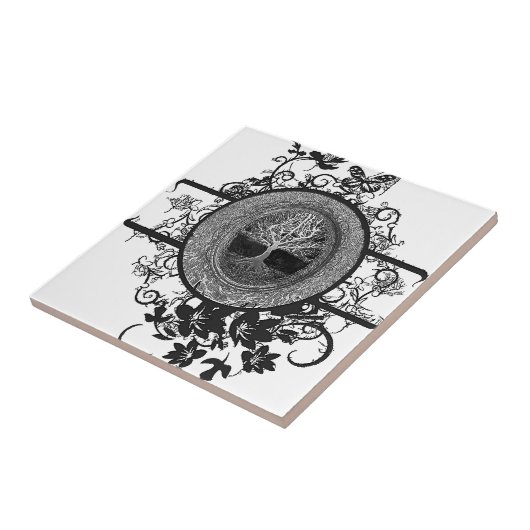 花との白黒生命の樹 タイル (側面)