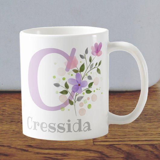 花とイニシャルが可愛いクレッシダの名前入りギフト コーヒーマグカップ