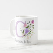 花とイニシャルが可愛いクレッシダの名前入りギフト コーヒーマグカップ (正面左)