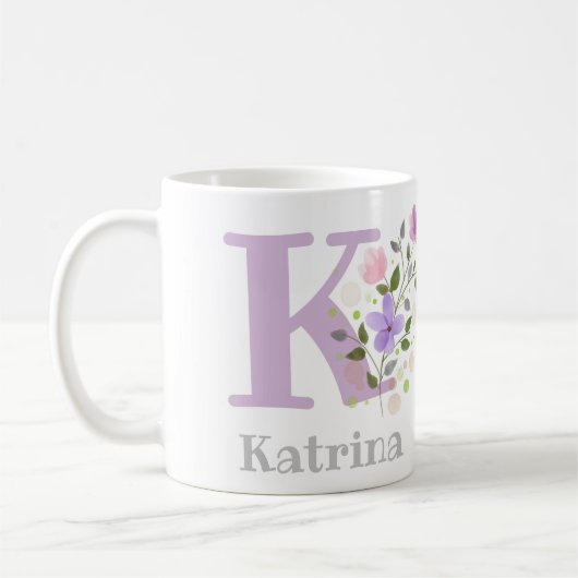 花とイニシャルとネームプレート カトリーナ コーヒーマグカップ (左)