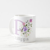 花とイニシャルと名前に魅せられて コーヒーマグカップ (正面左)