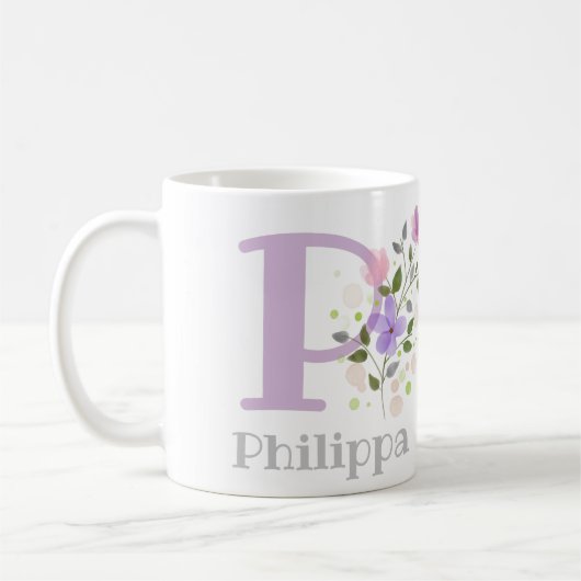 花とイニシャルと名前に魅せられて コーヒーマグカップ (左)