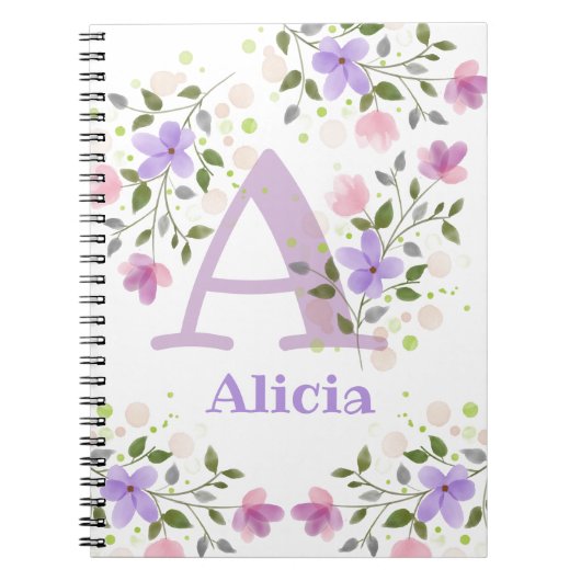 花とイニシャルと名前入りデザイン：Alicia ノートブック (正面)