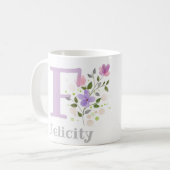 花とイニシャルと名前入りフェリシティ コーヒーマグカップ (正面左)
