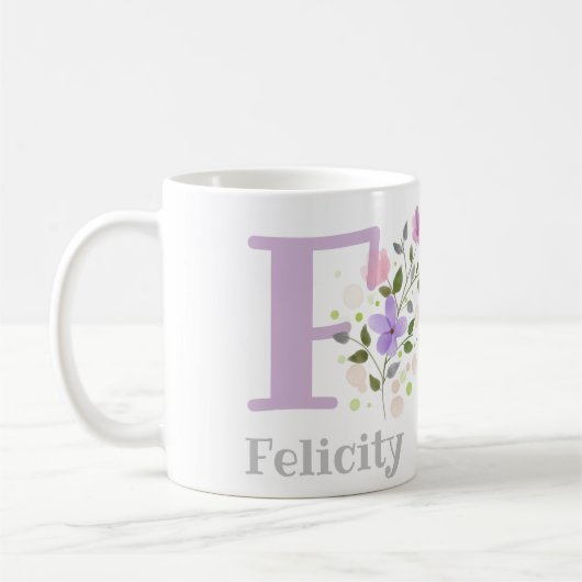 花とイニシャルと名前入りフェリシティ コーヒーマグカップ (左)