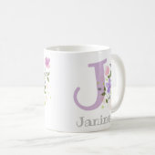花とイニシャルと名前「ジャニーン」入りのマグカップ コーヒーマグカップ (正面右)