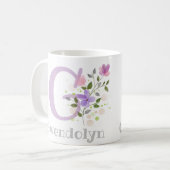 花とイニシャル入りグウェンドリン名入り コーヒーマグカップ (正面左)