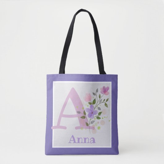 花とイニシャル入りフルネーム アンナ トートバッグ (正面)