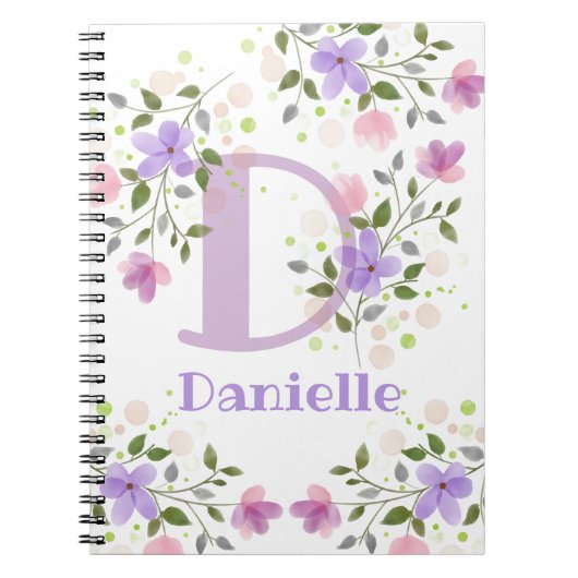 花とイニシャル入り名入れ Danielle ノートブック (正面)