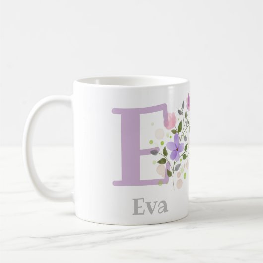 花とイニシャル＋名前のEva コーヒーマグカップ (左)
