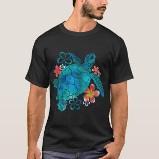 花とウミガメの女の子 Tシャツ